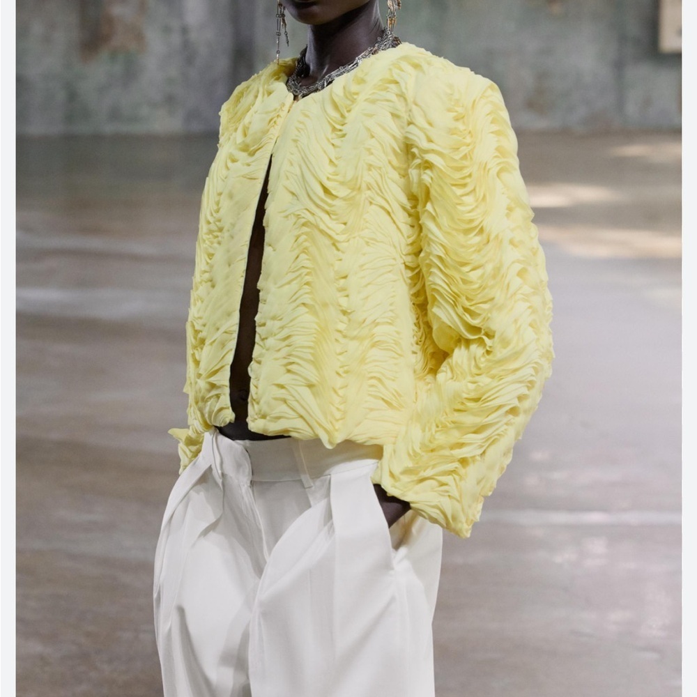 Zara Ruffled Textured Yellow Long Sleeve Jacket Size Medium